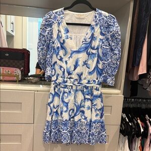 Blue and White Floral Print V-Neck Women’s Dress